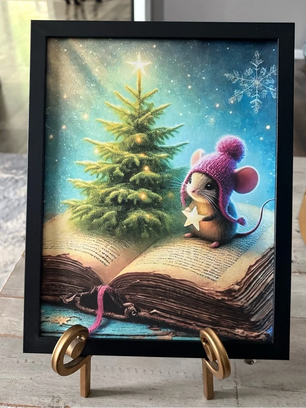 Whimsical Mouse & Christmas Tree Framed 8x10 Art